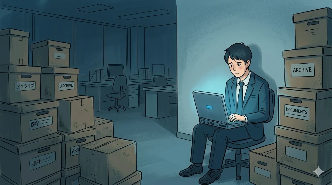 [SEO画像1: 部屋の隅で一人、古いノートパソコンに向かい、呆然とした表情で座り込んでいるスーツ姿の新卒社員のイラスト。周囲には段ボールが積まれ、活気のないオフィスの片隅を表現。アスペクト比 16:9]