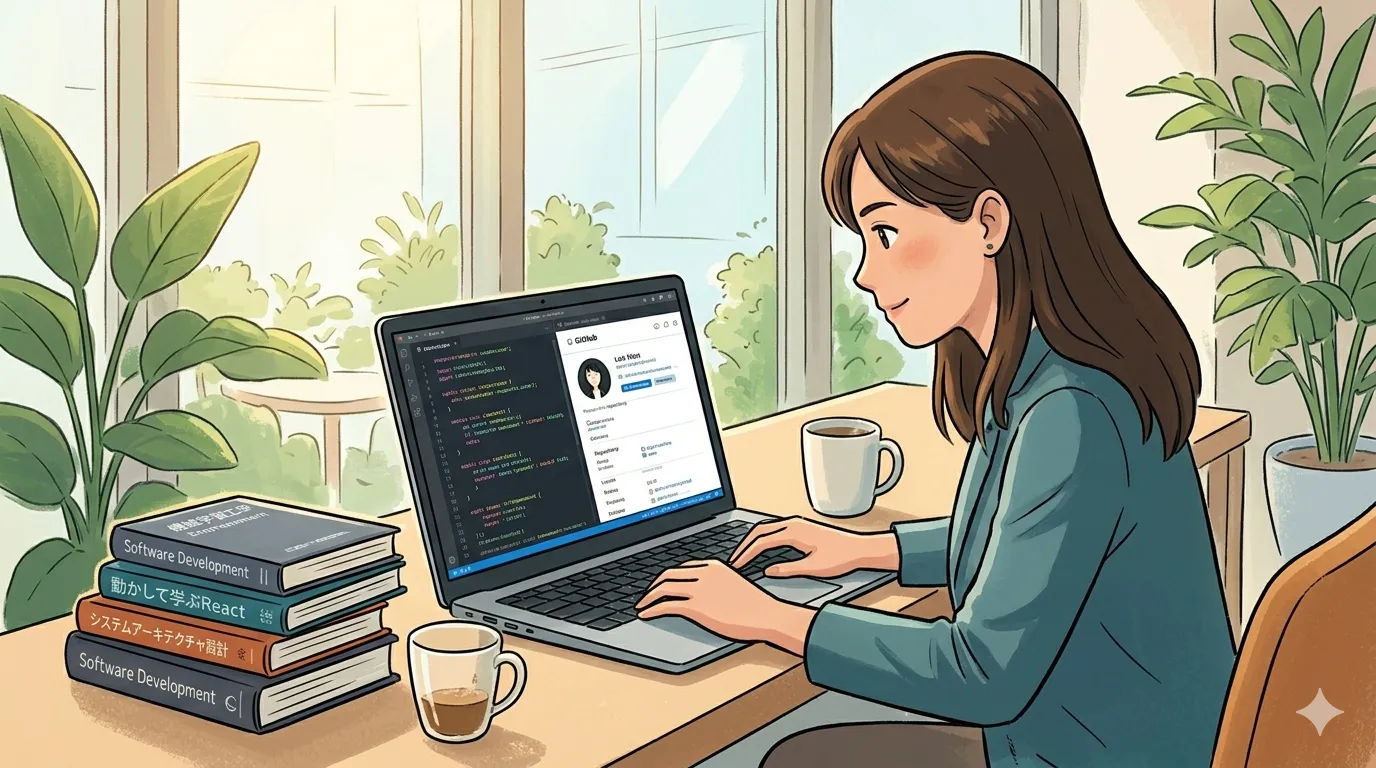[SEO画像3: 明るいカフェで、真剣な表情でノートパソコンに向かい、プログラミングをしている若い女性。画面にはエディタ（VSCode等）とGitHubのページが開かれている。傍らには参考書とコーヒー。アスペクト比 16:9]